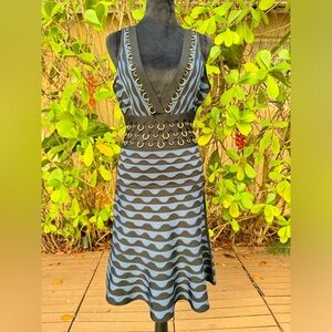 HERVE LEGER KATRIN RING-EMBELLISHED JACQUARD-KNIT BANDAGE DRESS BLACK BLUE L
